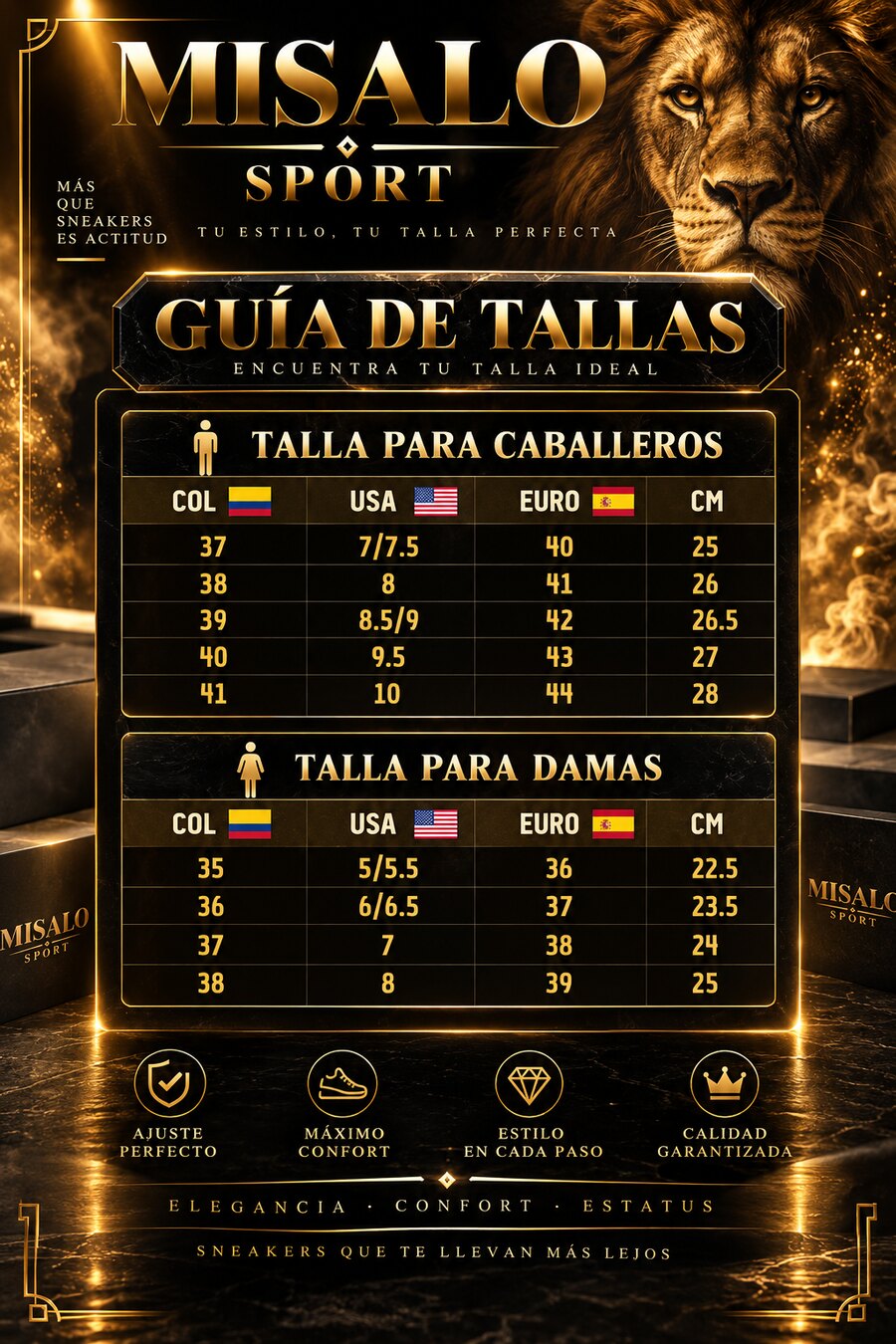 Guía de tallas MISALO STORE: equivalencias COL, USA, EURO y centímetros